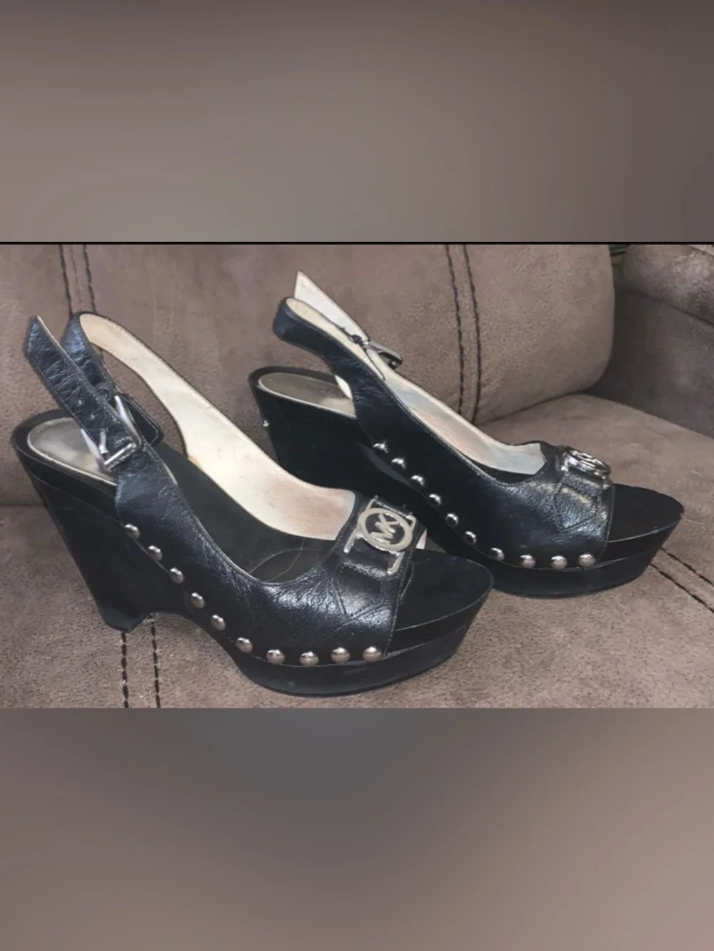 Michael Kors Black Leather Studded Slingback Wedge Sandals with MK Emblem
